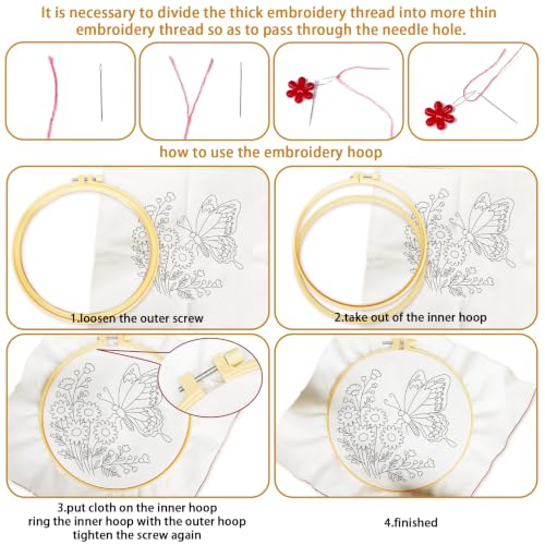 Image of BEUNITONE 6 Set Embroidery Kit for Beginner Adults, Colorful Butterfly Floral DIY Cross Stitch Set with Stamped Pattern Hoops Threads Cloth Needles, Embroidery Starter Kit for Home Decor and Gifting