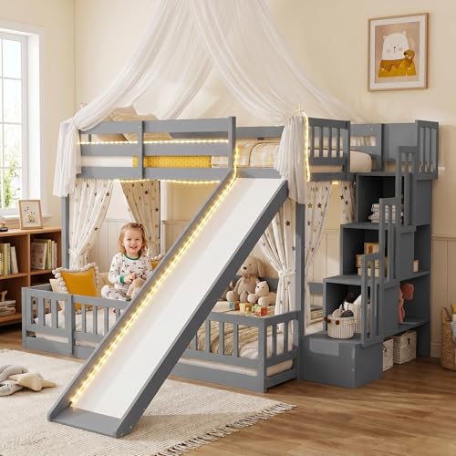 Twin over Full Bunk Bed with Slide and Storage