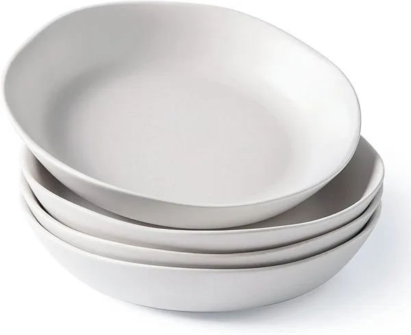AmorArc 9.75'' Ceramic Large Pasta Bowls, 38oz Stoneware Flat Serving Bowls Set of 4, Oven,Microwave&Dishwasher Safe Bowls with Wavy Rim for Fruit Pasta Salad Meal, Matte White