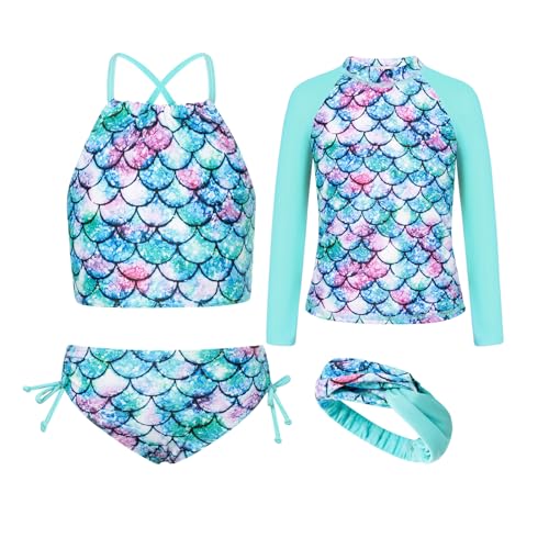 Image of GRACE KARIN Girls Swimsuit Tankini Set Rash Guard Long Sleeve Swimsuit 4 Piece Bathing Suit Swimwear 5-14Y
