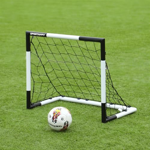 SPORTAPPY 2.6x3 Mini Football Goal Heavy Duty Steel Frame Quick Assembly Training Goal All-Weather Indoor Outdoor Football Sports Equipment Compact Sturdy Multi-Surface Goal with Ground Stakes