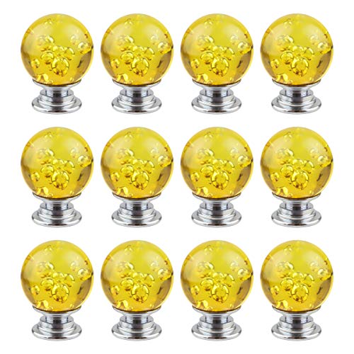 BNYZWOT 12 pomos de cristal redondos de burbujas de cristal para el hogar, armarios, cajones y aparadores con 3 tornillos de diferentes tamaños, 30 mm (amarillo)