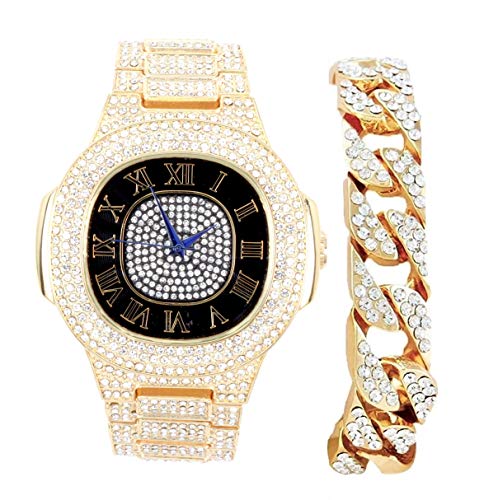 Charles Raymond Bling-ed Out Cuban Bracelet with Oblong Iced Look Hip Hop Watch - 8475BC (Gld Blk Panther ST10235SDR#C)