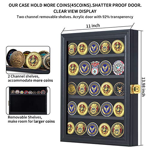 Image of Jinchuan Military Challenge Coin Display Case Lockable Cabinet Rack Holder Shadow Box with Removable 2 Grooves Shelves and Anti Dust Door for Casino Poker Chips Collectibles, Small - Black