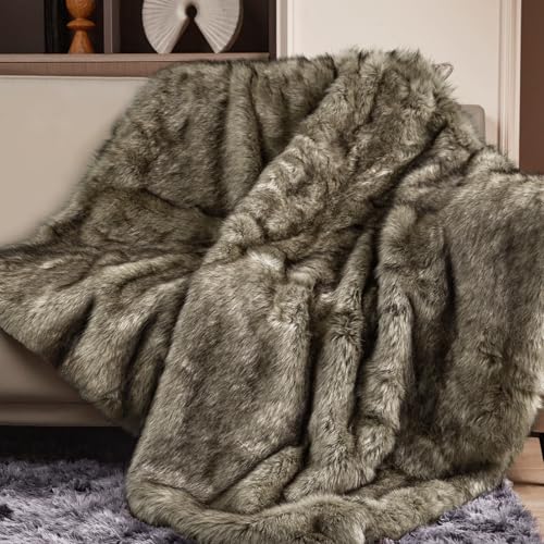 Touchat Luxury 1000GSM Faux Fur Throw Blanket, Super Thick Warm Cozy Grey Blankets for Couch Bed Sofa, Plush Fuzzy Elegant Soft Reversible Mink Blanket for Living Room Bedroom, 80x80,Grey
