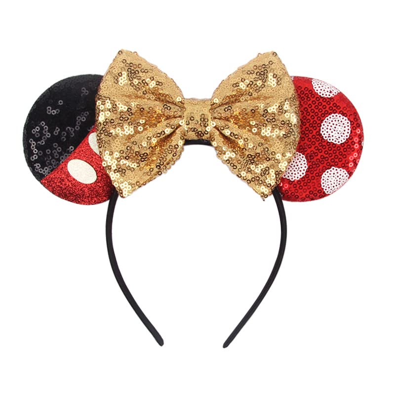 JIAHANG Diadema de orejas de ratón con lazo de lentejuelas doradas, decoración de fiesta, disfraces, accesorios para el cabello para mujeres y niñas