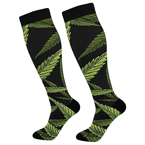 OTVEE Compression Socks Women & Men, 2 Pairs Green Marijuana Leaf Seamless Long Socks for Gym Running Hiking Sport