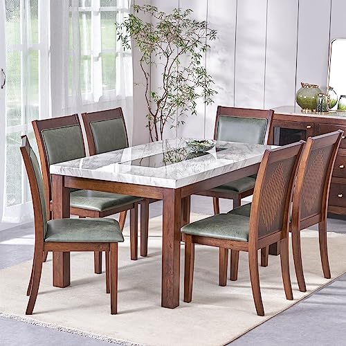 Image of Home Centre | Harmony | Faux Marble Top | 6 Seater Dining Table Sets | Green | 1 Table with 6 Chairs | 1 Year Warranty