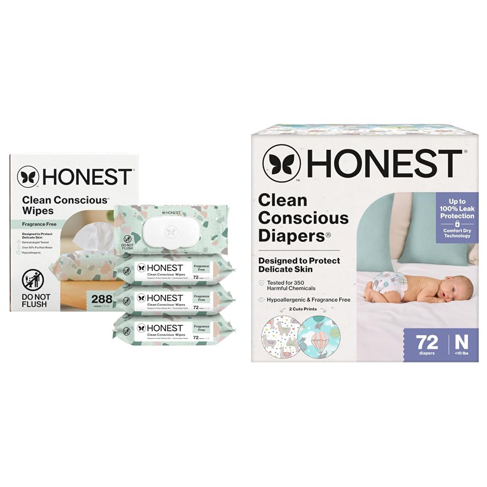 The Honest Company Multi-Use Baby Wipes for Sensitive Skin, Geo Mood, 288 Count & Comfort Dry Disposable Daytime Diapers, Above It All + All the Alpacas, Club Box Size Newborn 72 Count