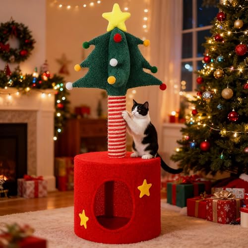 Image of Christmas Cat Tree Tower with Sisal Scratching Post Scratcher | Gift Box, Christmas Cat House, Condo Bed, 33 Inch, Indoor Kittens to Play and Sleep, Xmas Holiday Decoration