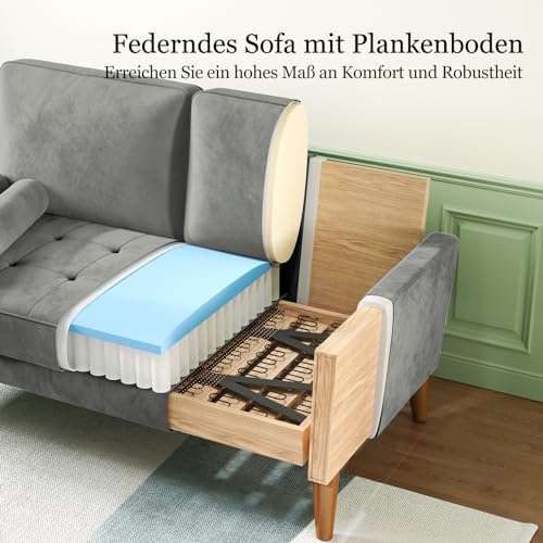Meskanu Couch 2 Sitzer, 121 cm Samt Kleines Sofa mit 2 Wurfkissen, Modern Mini Sofa, Getuftetes Kleine Couch für Wohnzimmer/Schlafzimmer/Büro/Wohnung, Grau