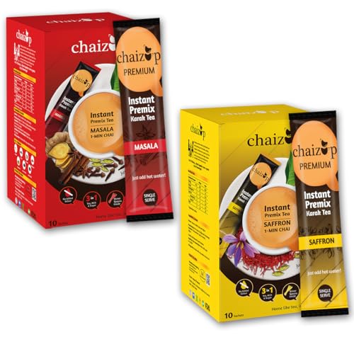 Image of Chaizup Premium 1 Min Instant Assorted Tea Pack - 20 Sachets | Saffron & Masala Flavours | 20 Servings | 2 Packs (10 Flavours Each) | 280g
