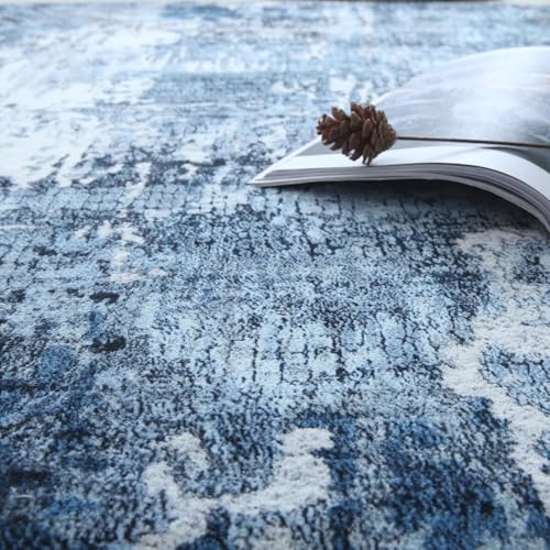 9x12 Rug Washable Boho Rug Soft Large Area Rug Non-Slip Non-Shedding Faux Wool Vintage Rug for Living Room, Farmhouse, Dining Room, Indoor, Kids Playroom, Blue