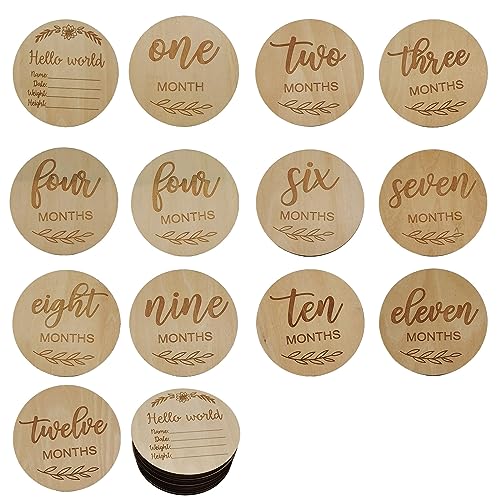 HAWAKA 13 Pieces Baby Monthly Milestone Cards, Wooden Baby Announcement Cards, Wooden Baby Milestone Cards Milestone Discs Photo Props Baby Gift Set for Baby Shower