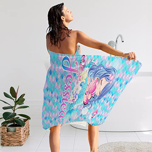 Yescustom Personalized Name Bath Towel Blue Mermaid,Custom Monogrammed Shower Towel For Kids Girls,Customizable Beach Towel Microfiber Quick Dry Cotton Bath Towel For Swimming #TOP4