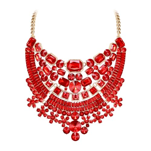 Flyonce Red Rhinestone Chunky Necklace, Sparkly Crystal Art Deco Costume Bib Statement Collar Necklace for Women