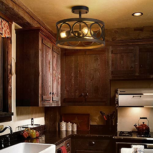 Peskoe Black Ceiling Light Modern Semi Flush Mount 3-Light, Drum Bedroom Dining Room Light Fixture, 13'' Farmhouse Lamp For Kitchen Hallway, Wood Grain Ceiling Lights With Round Metal Shade #TOP7