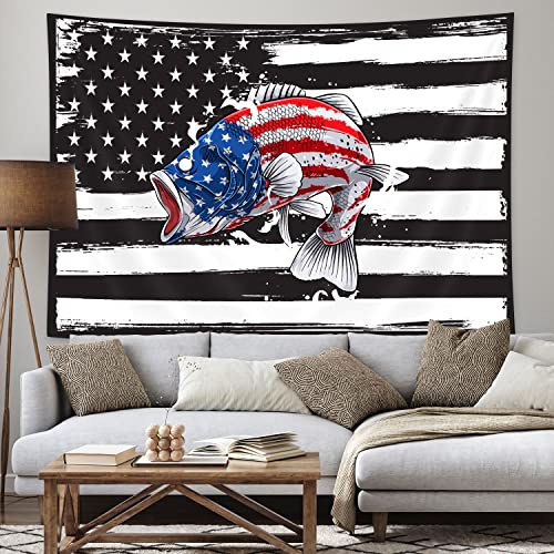 Fishing Tapestry Bass Fish Tapestry Fishing Sports Hobby Leisure Passtime Casual Sports Tapestry Hippie American Flag Rustic Stars And Stripes Usa Flag Wall Tapestry For Bedroom Living Room Dorm 60X40 #TOP3