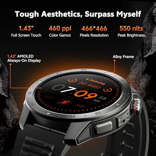 Military Smart Watches for Men Built-in GPS(Answer/Make Calls), 1.43" AMOLED Screen with Compass, Altitude, Barometer, 3ATM Waterproof, Fitness Watch with Health Monitor for Android iOS2
