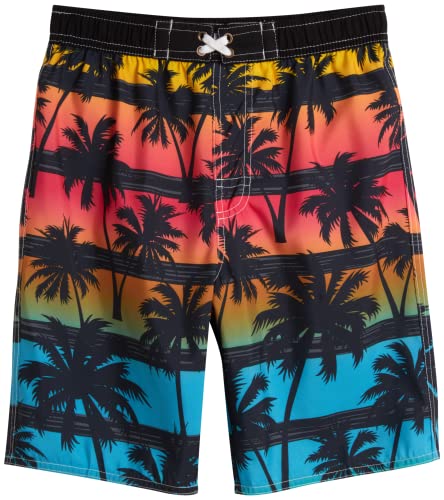 Quad Seven Boys' Swim Trunks - 2 Pack Striped Quick Dry Board Shorts Bathing Suit (8-18), Size 12/14, Rainbow Palm Trees #TOP4