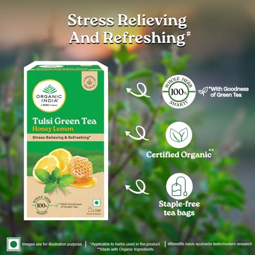 Image of ORGANIC INDIA Tulsi Green Tea Honey Lemon - 25 Tea Bags, Refreshing Blend with Tulsi, Green Tea, Lemon & Honey Flavors, Naturally Sourced Ingredients, Staple-Free Bags Certified Organic