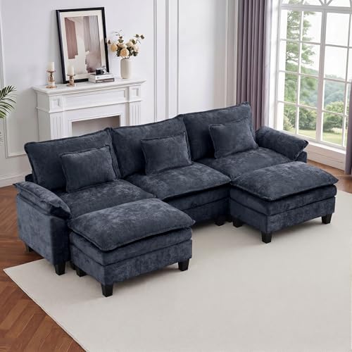 Image of IPKIG 117 inch Modular Cloud Couch with Storage, U Shaped Sectional Sofa with Ottoman & Pillow, Chenille Deep Seat Sectional Couches for Living Room, Apartment, Blue