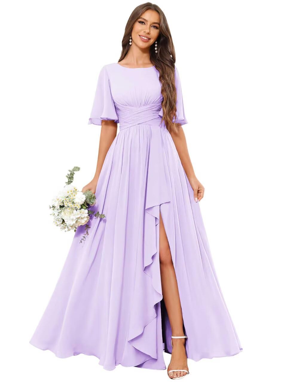 OFEECHUN Flutter Sleeve Chiffon Bridesmaid Dresses for Women with Slit A Line Ruffle Formal Wedding Guest Dress with Pockets