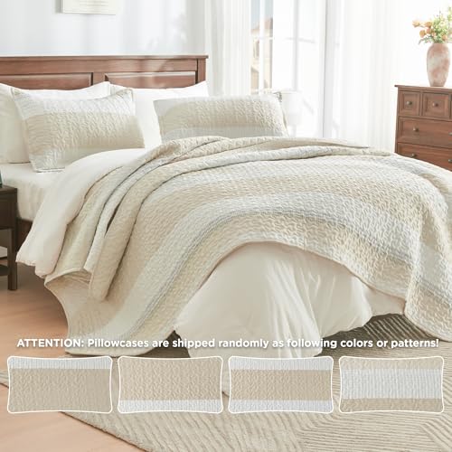 Image of Andency King Size Quilt Set Beige, 3 Pieces Beige Ultra Soft Lightweight Bedspreads & Coverlets Set, Patchwork Striped Quilted Bedding Sets for All Seasons (1 Quilt, 2 Pillow Shams)