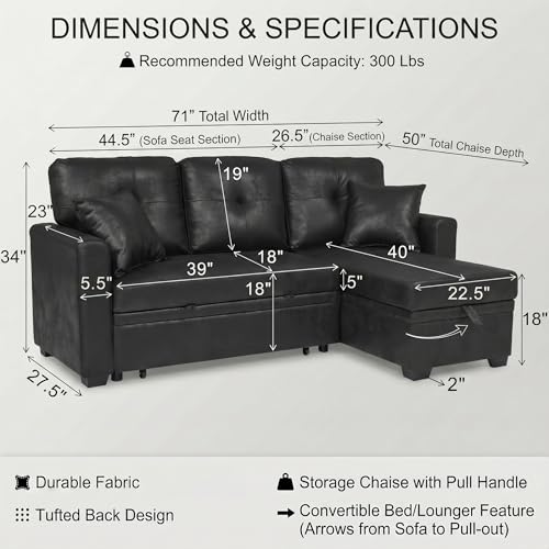 Image of 71 inch Black Convertible Sofa Bed, L-Shaped Pull Out Couch with Storage Chaise | TYBOATLE, Black Sleeper Sofa, Pull Out Couch Bed, Reversible Storage Chaise, Linen Fabric, Living Room, Apartment, Guest Room