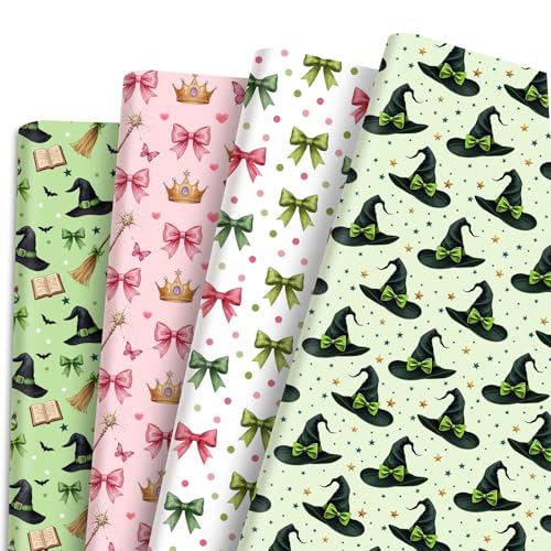 Pineraap 12 Sheets Witch Wrapping Paper Pink and Green Gift Wrap - Watercolor Bow Crown Witch Hat Broom Print Gift Packing Paper for Girls Women Birthday Princess Themed Party 19.7 x 27.6 Inch