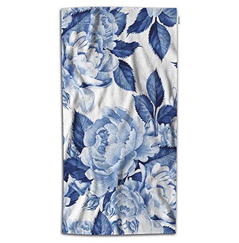 Moslion Floral Bath Towel Watercolor Blue Ink Peony Flowers Botanical Plant Leaf Roses Towel Soft Microfiber Baby Hand Beach Towel For Kids Bathroom 32X64 Inch #TOP8
