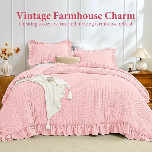 Image of JOLLYVOGUE Pink Comforter Full Size, 3 Pieces Seersucker Lightweight Full Size Bedding, All Season Fluffy Microfiber Bedding Comforter Set with 1 Ruffle Comforter and 2 Ruffle Pillowshams