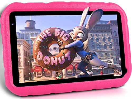 Oangcc Android Kids Tablet 7 inch Toddler Tablets for Children, Quad-Core 2GB RAM 32GB ROM (TF 128G), Parental Control, Drop-Proof Case, Kids Edition WiFi 6 Tablet (Pink)