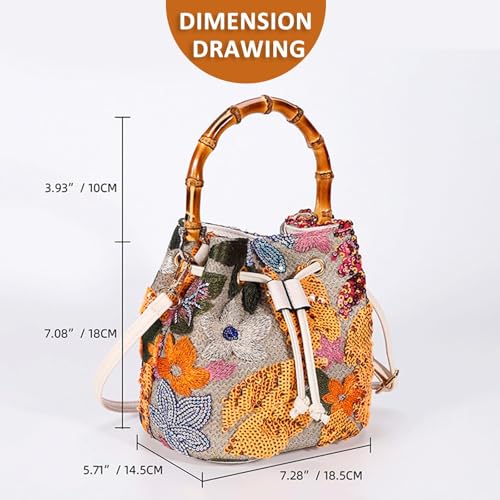 Image of Crossbody Bags for Women, Beach Bag, Hand Embroidered Tot Bag, Bamboo carry handle Bucket bag, Bohemian Handbags Suitable for Vacation Travel Daily Matching