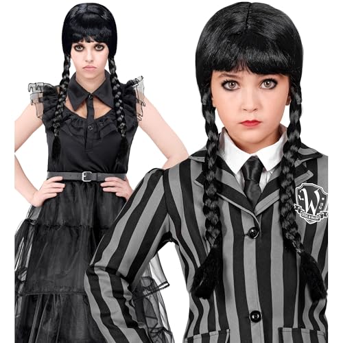 W WIDMANN MILANO Party Fashion - Perücke Dark Girl, schwarz, 2 geflochtene Zöpfe, Flechtfrisur, Gothic, Langhaarperücke