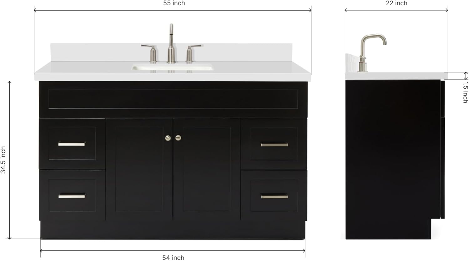ARIEL Hamlet 54-inch Bathroom Vanity with Sink,Solid Wood, 1.5-inch Pure White Quartz Countertop & Backsplash, Single Rectangular Porcelain Sink, 2 Soft Closing Doors, 4 Dovetail Drawers, Black