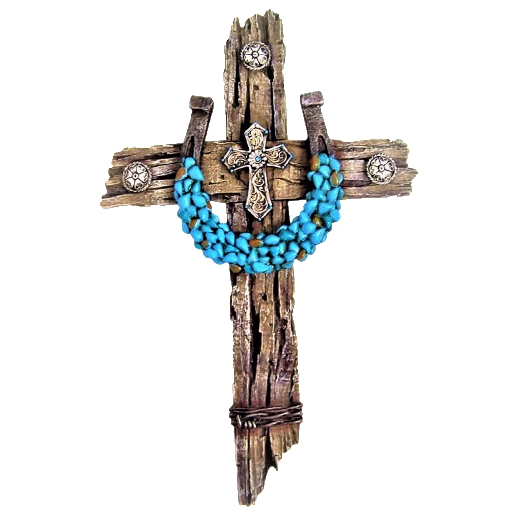 AMAJY Rustic Drifted Wood Look Wall Cross with Turquoise Decor Horseshoe Spiritual Wall Art
