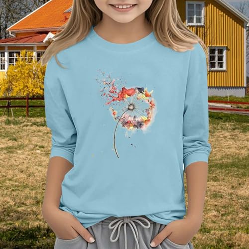 Teen Girls Floral 3/4 Length Sleeve Top Summer Crewneck Casual Athletic Blouse for Kids Soft (Sky Blue #6, 12-13 Years)4