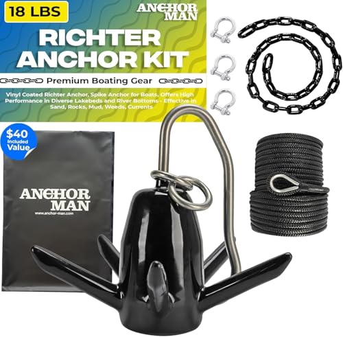 Richter Anchor Kit 18lbs with 100ft Nylon Rope, 4ft PVC Coated Chain, 3 Stainless Steel Bow Shackles & Heavy Duty PVC Storage Bag – Complete Boat Anchor System for Lakes & Rivers