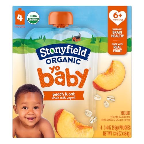 Stonyfield Organic YoBaby Whole Milk Peach & Oat Yogurt Pouches for Babies 6 Months & Older, 3.4...