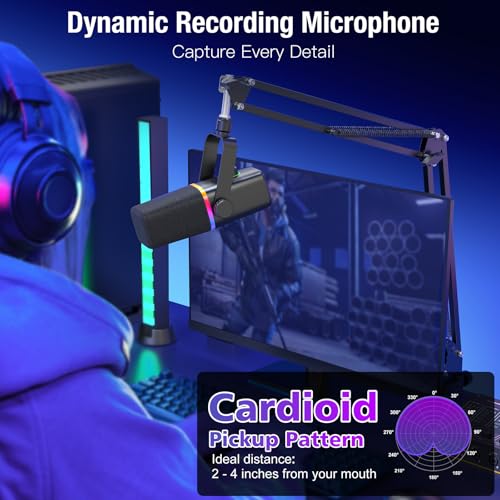 ZealSound XLR/USB Dynamic Microphone for Gaming Podcast,Mic for iPhone Phone PC Computer Gaming Streaming Microphone with RGB Light,Mute Button,Mic Gain,Headphones Jack,Boom Arm Stand,Singing YouTube