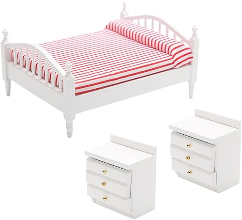 Totority Cama de casa de muñecas de madera, muebles de casa de muñecas en miniatura, accesorios de mesa para casa de muñecas Muebles de casa de