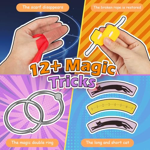 OSDUE Magiczne gry, 12 magicznych sztuczek dla dzieci, małych początkujących magiczna różdżka, zestaw dla dzieci magiczne sztuczki i instrukcje, prezent dla chłopców, dziewcząt prezent, jedwabne szale