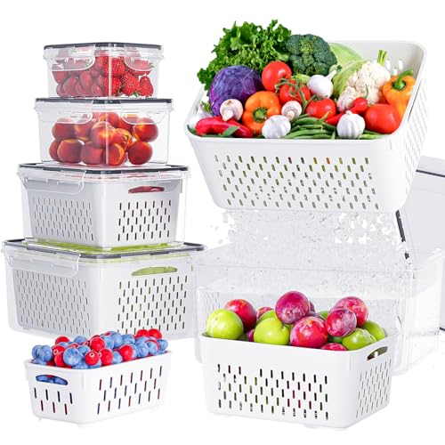Yoawllty 5Pcs Fridge Organizers and Storage with Removable Draining Colanders and Lid Leakproof Fridge Organizer for Fruit Storage Containers Food Vegetables Salad Berry Lettuce Meat Keeper Fresh
