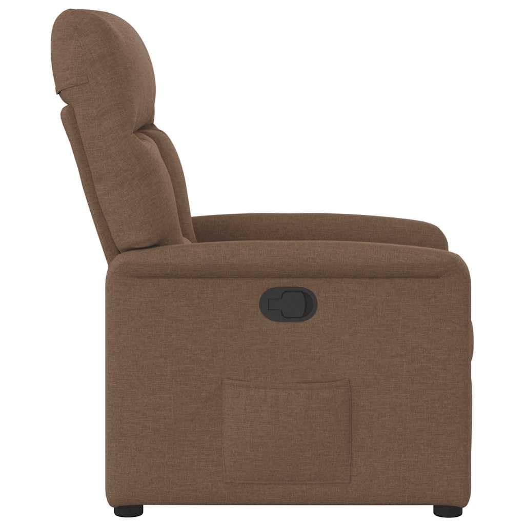 Fotel relaksacyjny brązowy materiał z tapicerką i podłokietnikami, regulowany z funkcją leżenia i podnóżkiem, ergonomiczny fotel z drewna i metalu, do salonu, biura, relaksu i czytania