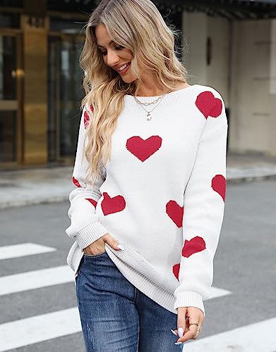 Image of Womens Cute Heart Sweater Crew Neck Long Sleeve Pullover Valentines Sweater