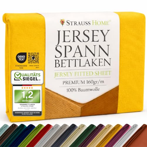 Strauss Home® Premium Spannbettlaken – 160 g/m² Gekämmte Baumwolle – Jersey in Hotelqualität – Formstabil & Langlebig – Rundumgummi – Für Matratzen bis 27 cm – 140x200-160x200 cm - Senfgelb/Safran