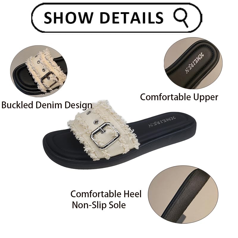 Women's Denim Tassel Buckle Decorated Cloud Platform Slides Sandals Retro Style Open-Toe Slip-On, Backless, Breathable and Non-Slip Bohemian Slippers3