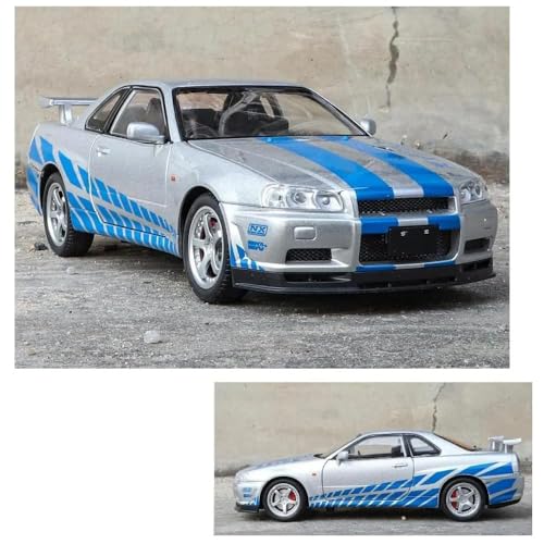 Image of LONGMIRE Metal Pull Back Diecast Car Pull Back Model with Sound Light Boys Gifts Toys for Kids Pack of 1, Multicolor (Nissan Skyline R34)