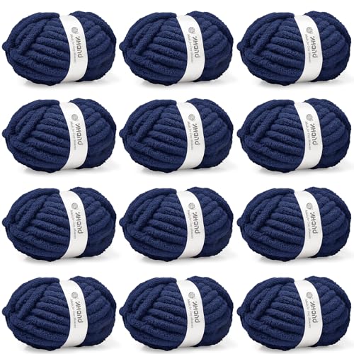 Image of Inhand Chunky Chenille Yarn for Hand Knitting,Thick Bulky Blanket Yarn for Crocheting,Soft Fluffy Yarn for Crochet Birthday Gifts for Men /Women /Beginners,12 Pack (29.5Yds /8.4oz Each),Deep Navy
